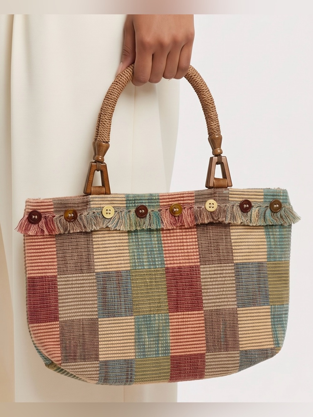 Small Checkered Tote Fringe & Buttons Multicolored Straw & Wooden Handles GUC